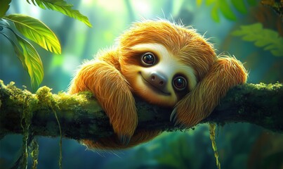 Fototapeta premium Cute sloth resting on branch in lush tropical rainforest with vibrant greenery
