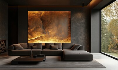 Modern minimalist living room with dark tones and warm accent wall art