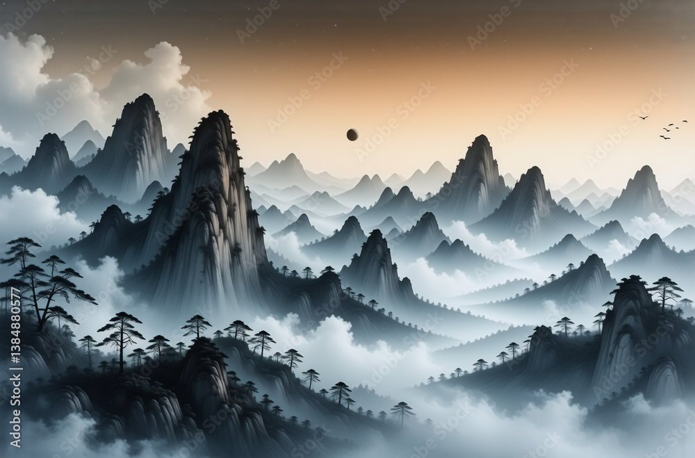 Poster misty mountain range with layered peaks shrouded in fog, gradient sky at dusk or dawn, and sparse tr