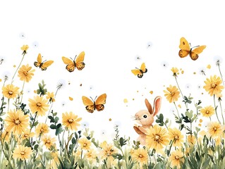 Adorable watercolor painting of a cute bunny rabbit sitting amidst vibrant yellow daisies and flutte orange butterflies in a whical sp meadow scene perfect for
