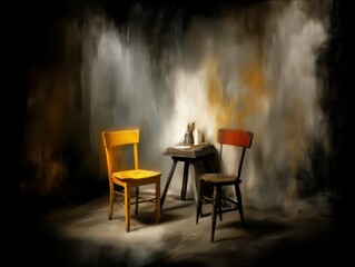 Two chairs beside a table in an artistic, dimly lit setting.