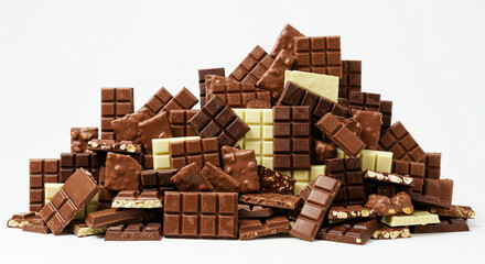 Pile of assorted chocolate bars on a white background  