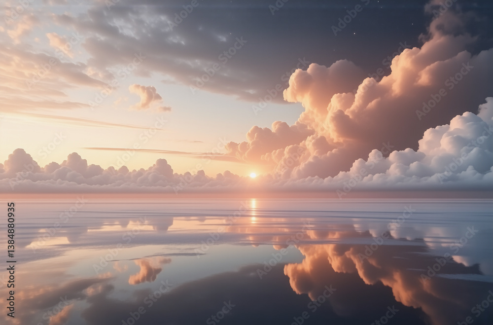 Poster serene sky meets calm water, reflecting soft pastel clouds at the horizon. tranquil and peaceful sce