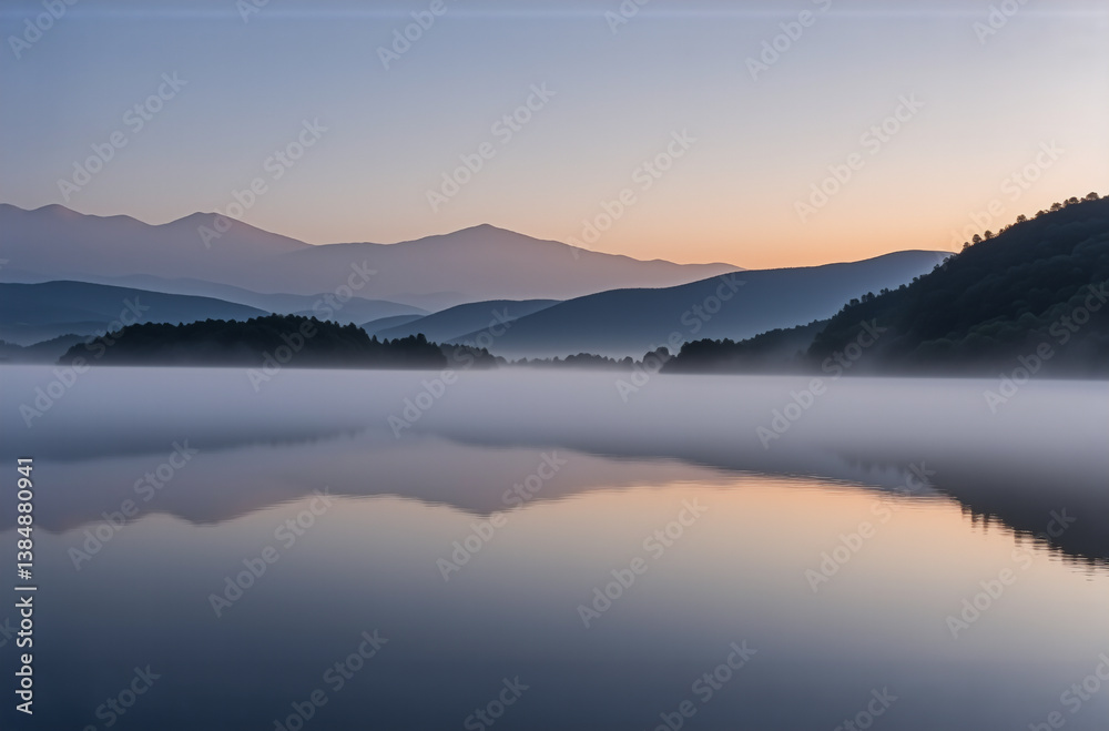 Poster Serene landscape view of a tranquil lake reflecting forested mountains at twilight under a soft gradient sky with a touch of fog.