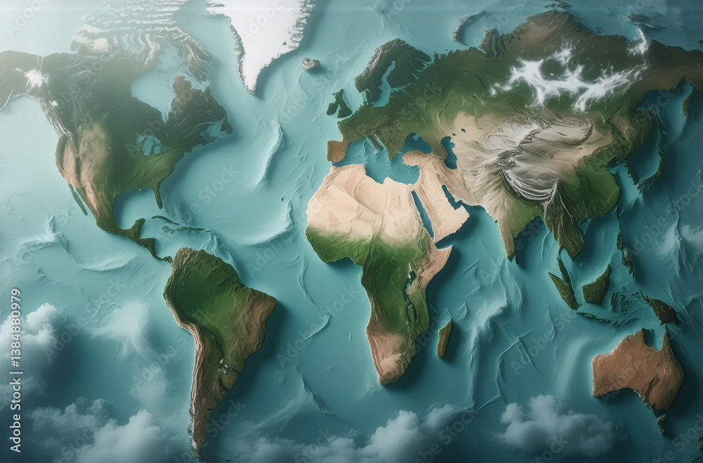 Poster a textured world map with continents in green and brown hues, surrounded by a blue ocean with wave-l