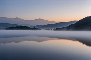 Obraz premium Serene landscape view of a tranquil lake reflecting forested mountains at twilight under a soft gradient sky with a touch of fog.