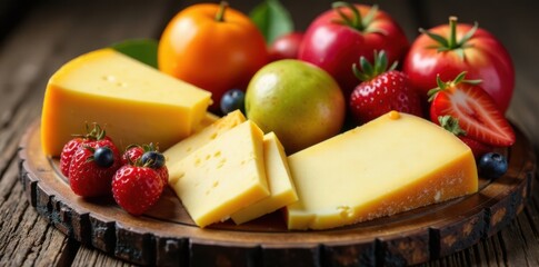 Fresh fruits and cheese on a rustic wooden planks, farm to table, food