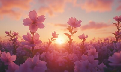 Beautiful sunset over blooming cherry blossom field with vibrant pink flowers