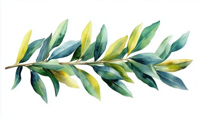 Obraz premium Watercolor illustration of olive branch with green and yellow leaves