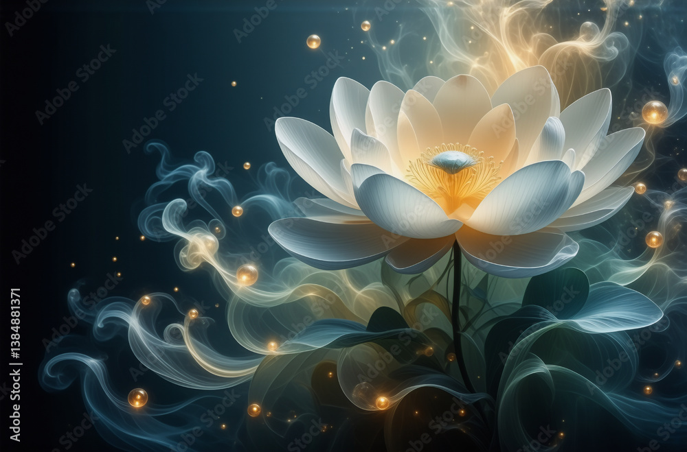 Aufkleber a pristine white lotus unfolds, radiating soft light amidst a dark backdrop, with ethereal swirls an