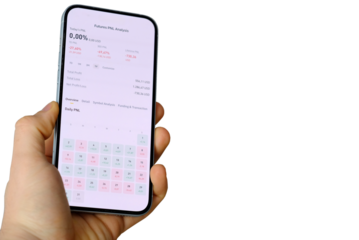 Trader Holding Smartphone Showing Futures Loss – Financial App PNL Red Numbers, Negative Profit, Stock Market Failure Concept