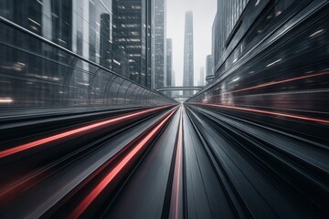 Dynamic urban scene with motion blur and towering skyscrapers.