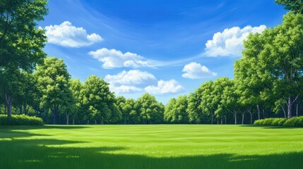 Obraz premium A serene landscape featuring lush green grass, vibrant trees, and a clear blue sky with fluffy clouds, creating a peaceful and inviting outdoor scene.