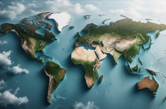 A detailed 3D world map displays continents and oceans with terrain relief highlighting mountains. Clouds surround the earth offering a global perspective.