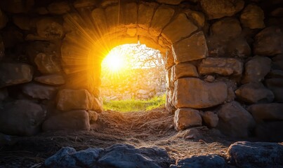 Sunrise Through Stone Archway Illuminating Natural Landscape