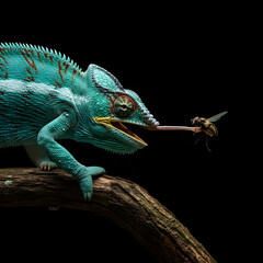 Obraz premium Emerald Chameleon's Precise Strike: Blue-toned Reptile Capturing Fly