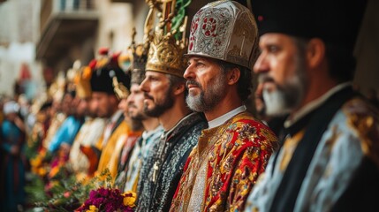 Fototapeta premium Elegant Procession of Traditional Religious Leaders in Historic Attire