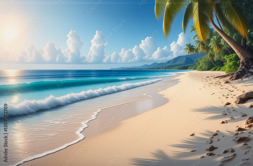 Aufkleber a serene tropical beach with gentle waves lapping onto the sandy shore, palm trees swaying under a b