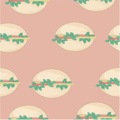 A appetizing burger-themed pattern featuring stylized side-view burgers with leafy greens. Great for kitchen textiles, aprons, notebooks, packaging for food-related products,  café branding. Modeern.