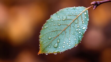 A close-up of a green leaf adorned with glistening water droplets, showcasing the delicate beauty of nature and the refreshing vitality it represents in a serene setting.
