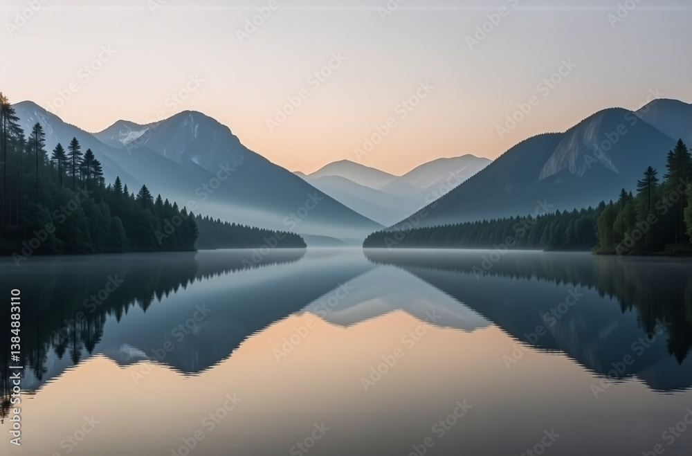 Poster serene mountain landscape reflecting in calm lake. forest lines the shore under a soft sky. misty at