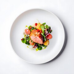 Gourmet grilled salmon fillet served with roasted potatoes and fresh greens on a white plate for a delicious and healthy restaurant meal.