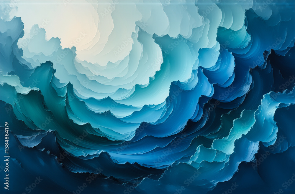 Poster swirling abstract artwork featuring layered shades of blue, from deep navy to pale sky, creating a t