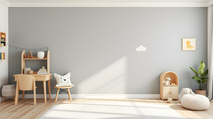 Mock up wall in child room interior. Interior scandinavian style. 3d rendering, 3d illustration Generative AI