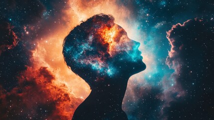 Ethereal Cosmic Portrait with Vibrant Colors and Starry Background