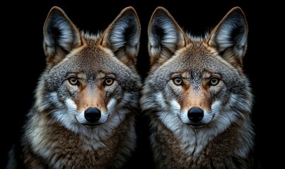 Fototapeta premium Two majestic coyotes with striking features against dark background