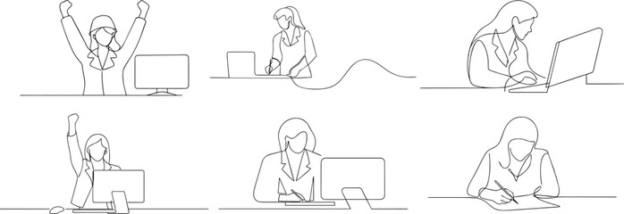 continues line one line art labor day female women office worker vector illustration collection