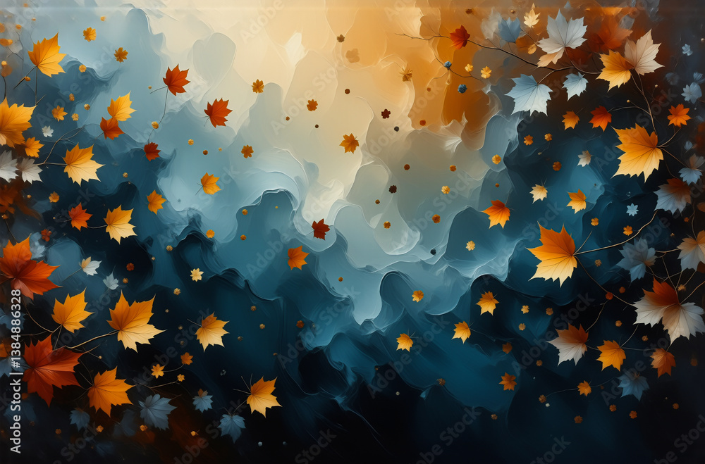 Poster autumn leaves gently fall against a blended watercolor background of deep blues and warm oranges, cr