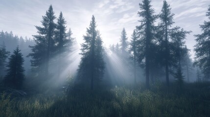 Misty Forest Sunlight. Sunrise through trees. Stock Photo