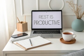 Modern office desk setup with laptop, planner, cup of tea, and 'Rest is productive' quote.