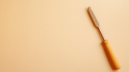 Fototapeta premium Hand Chisel on an Orange Background: A high-angle shot presents a singular, meticulously crafted hand chisel with a vibrant wooden handle, resting upon a warm, inviting background.
