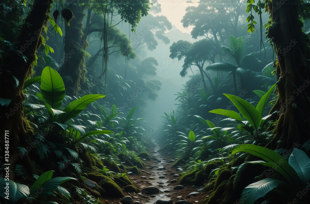 Poster lush green rainforest with a path leading through dense foliage. foggy atmosphere creates a serene a