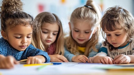 Fototapeta premium Diverse group of preschool children drawing together in kindergarten