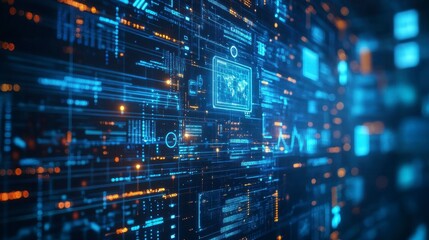 Futuristic Digital Interface with Data Streams and Visualization Elements