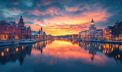 Obraz premium stunning sunset over city river with reflections and illuminated buildings