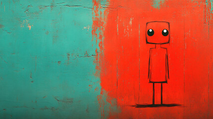 Fear-Terror ,grunge, A child's colorful drawing of a smiling stick figure on a wall, showcasing creativity and innocence.