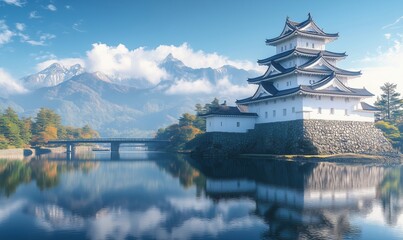 Japanese castle reflecting in serene lake with mountains in background
