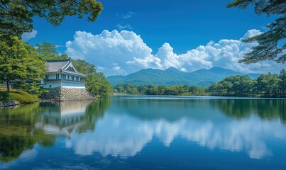 Fototapeta premium Serene Japanese Castle Reflected in Tranquil Lake Surrounded by Lush Mountains