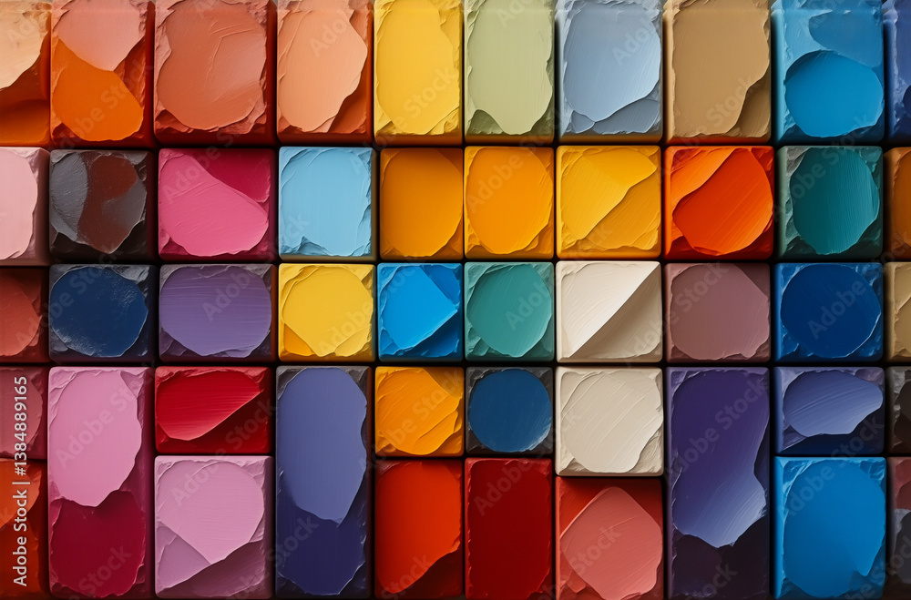 Aufkleber A vibrant array of textured squares forms a grid, showcasing a spectrum of colors. The abstract composition is visually engaging with its geometric and colorful design.