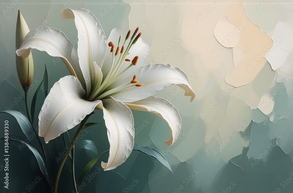 Poster elegant white lily in bloom with green leaves against a soft painted backdrop. a serene and delicate