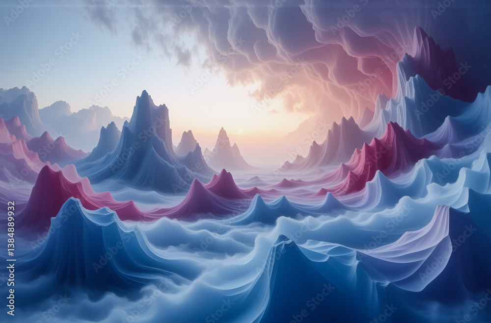 Poster dreamlike pastel landscape features pointy mountains and wavy clouds. soft pink and blue hues create