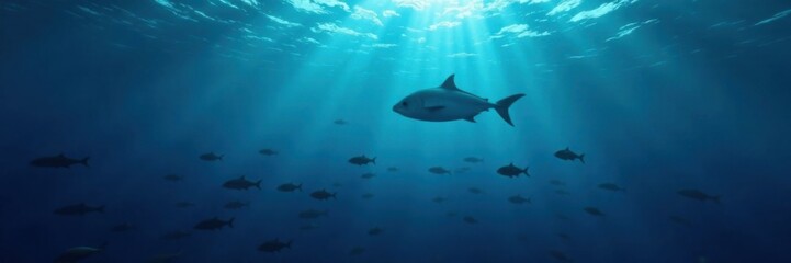 Fototapeta premium Schools of small fish swim beneath a vast expanse of dark blue ocean surface, marine life, ocean, underwater