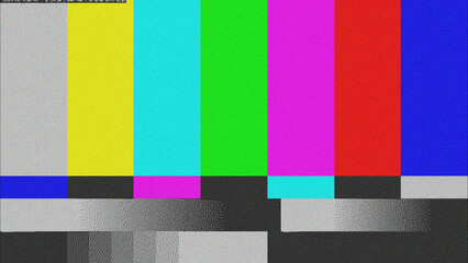 classic color bar background with grainy noise and vintage static, evoking a retro broadcast test screen aesthetic © Anoop