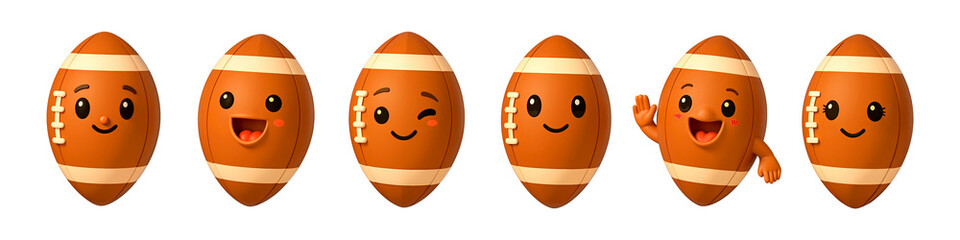 Smiling Football Squad: A delightful lineup of cartoon footballs, each with a unique expressive face, showcasing a variety of emotions from joy to a playful wink.