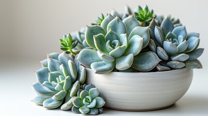 Succulent Arrangement: A visually appealing composition of a variety of succulent plants, showcasing their diverse textures and subtle color gradients, potted in a contemporary white ceramic bowl. 