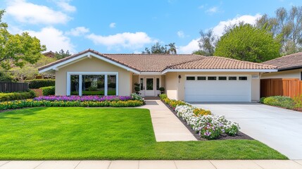 A charming single-story home with a manicured lawn, vibrant flower beds, and a clear blue sky.